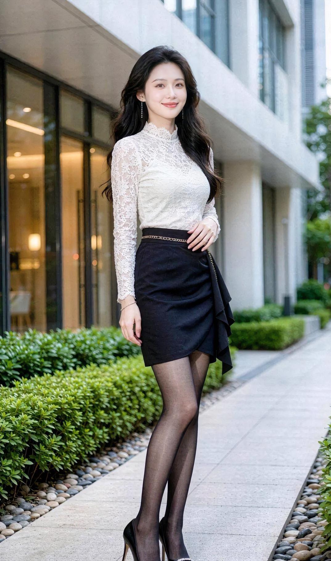 蕾丝与光影的邂逅白蕾丝轻裹着晨光，立领间，藏着温婉的序章。黑裙利落，