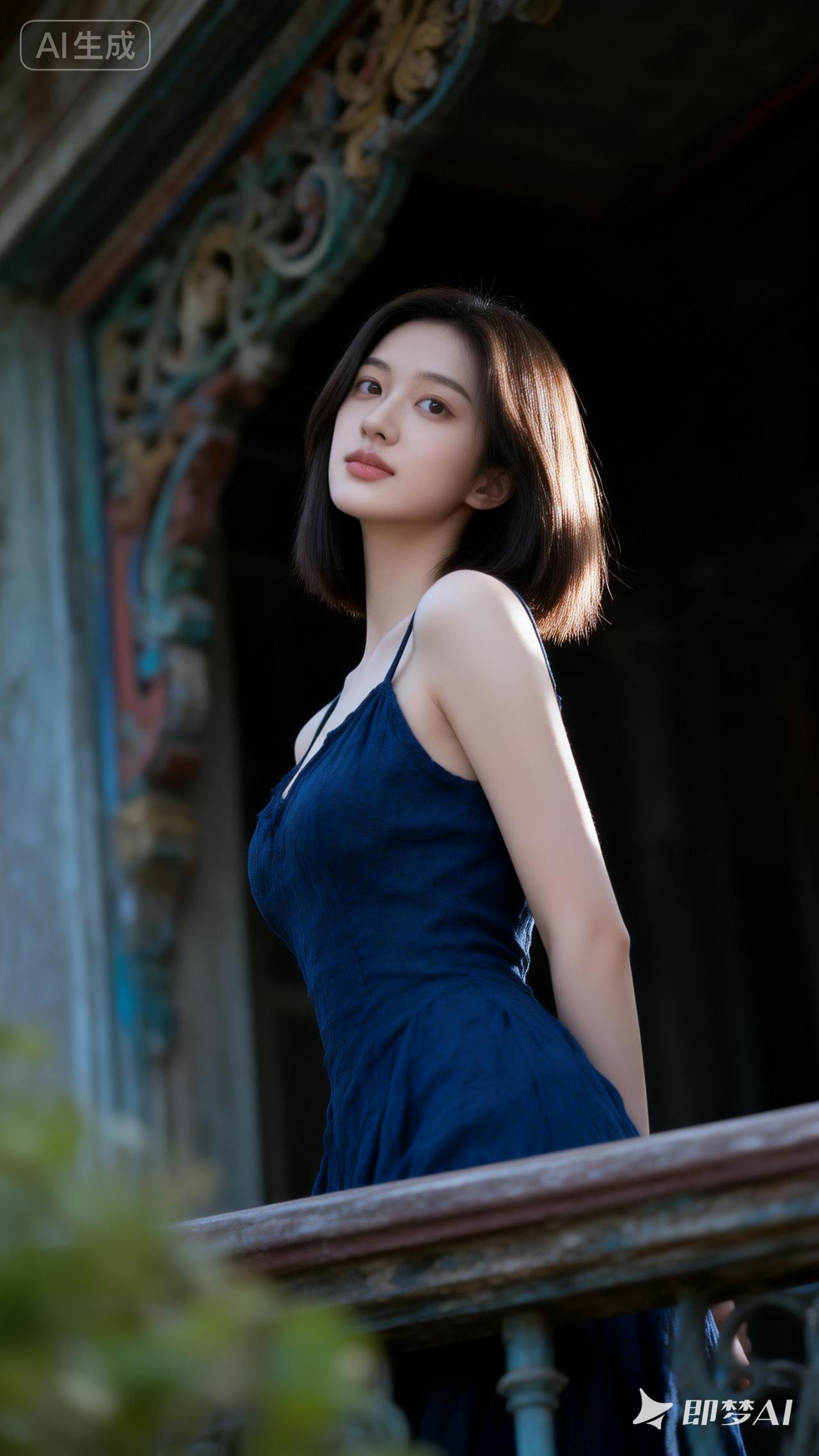 优雅蓝裙少女，倚栏远眺，岁月静好。
