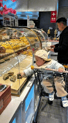 哎呀妈，笑死我了！这爹带娃心也太大了！推着娃进蛋糕店，光顾着自己挑蛋糕，直接把娃
