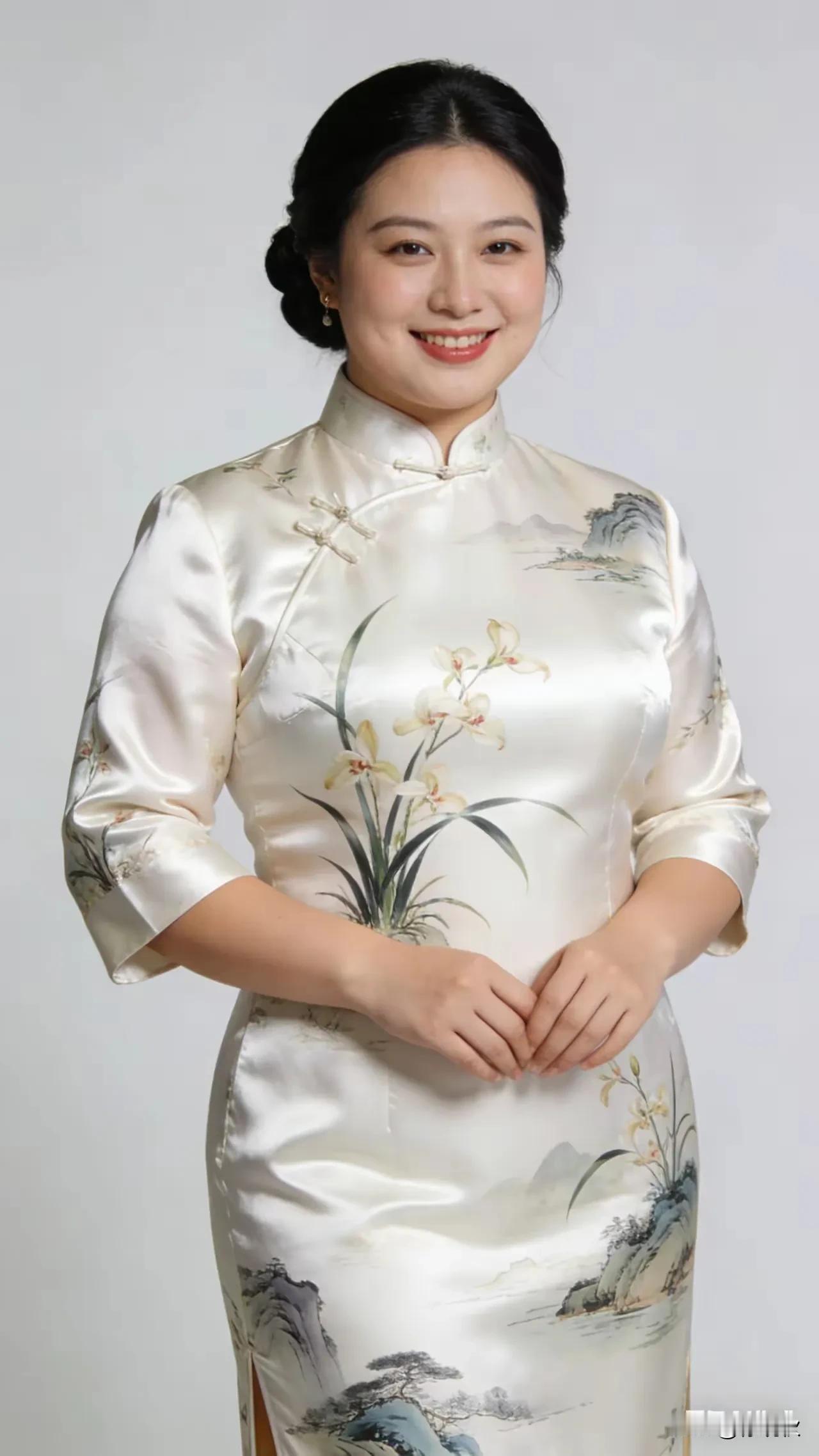 幽兰山水，绘画旗袍米白底色，素净典雅铺开画布，图案挥洒蓝绿交错，月白风清