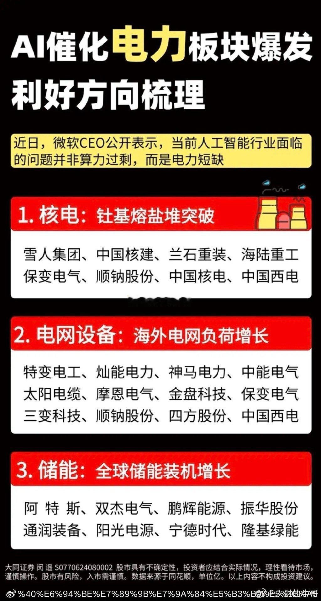 AI需求旺盛，催化电力板块需求缺口！近日，微软CE0公开表示，当前人工智能行业面