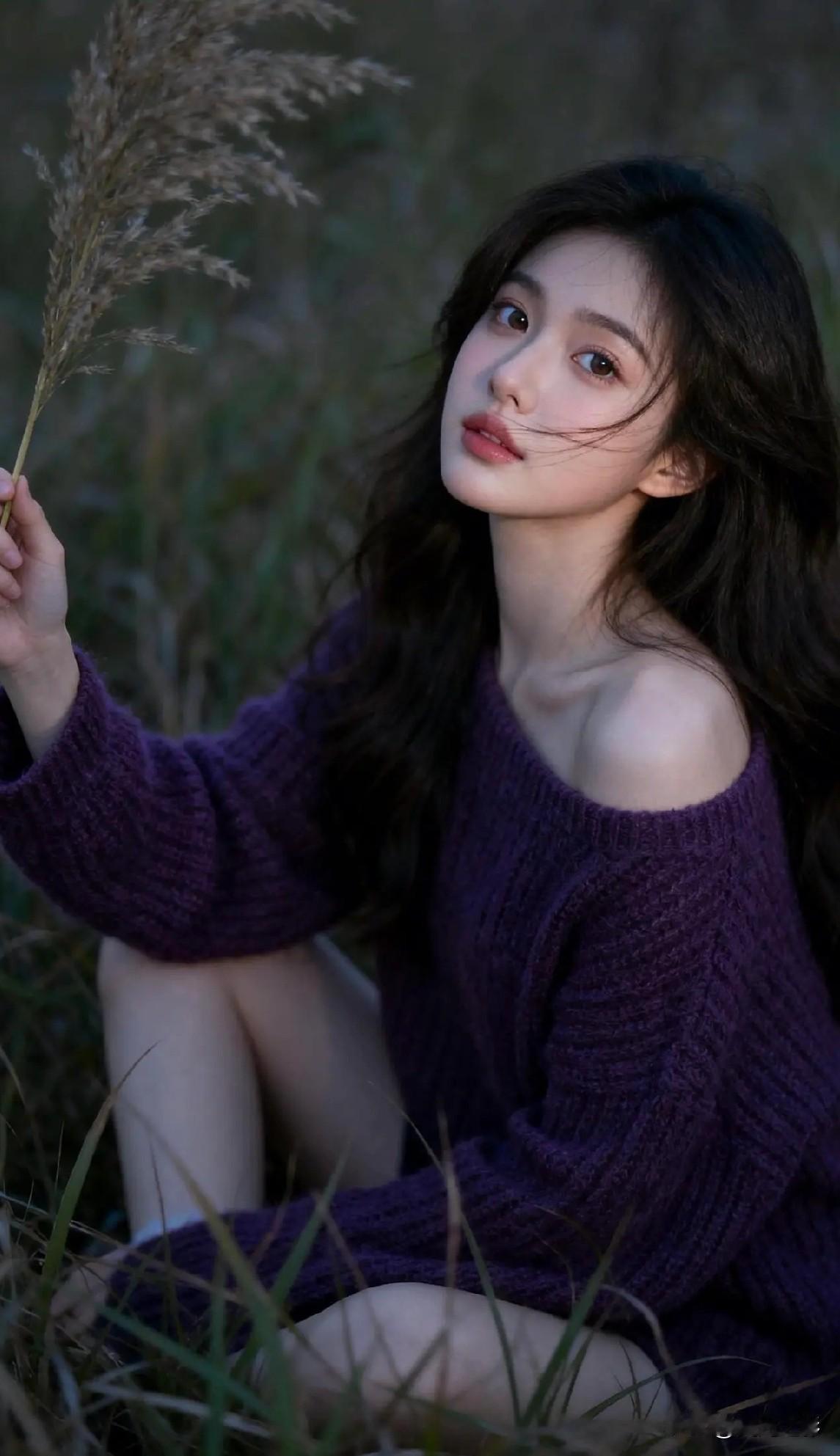 光之影在草地上，手持野草，温柔地凝视镜头，紫色毛衣与自然融为一体。淡淡的粉色