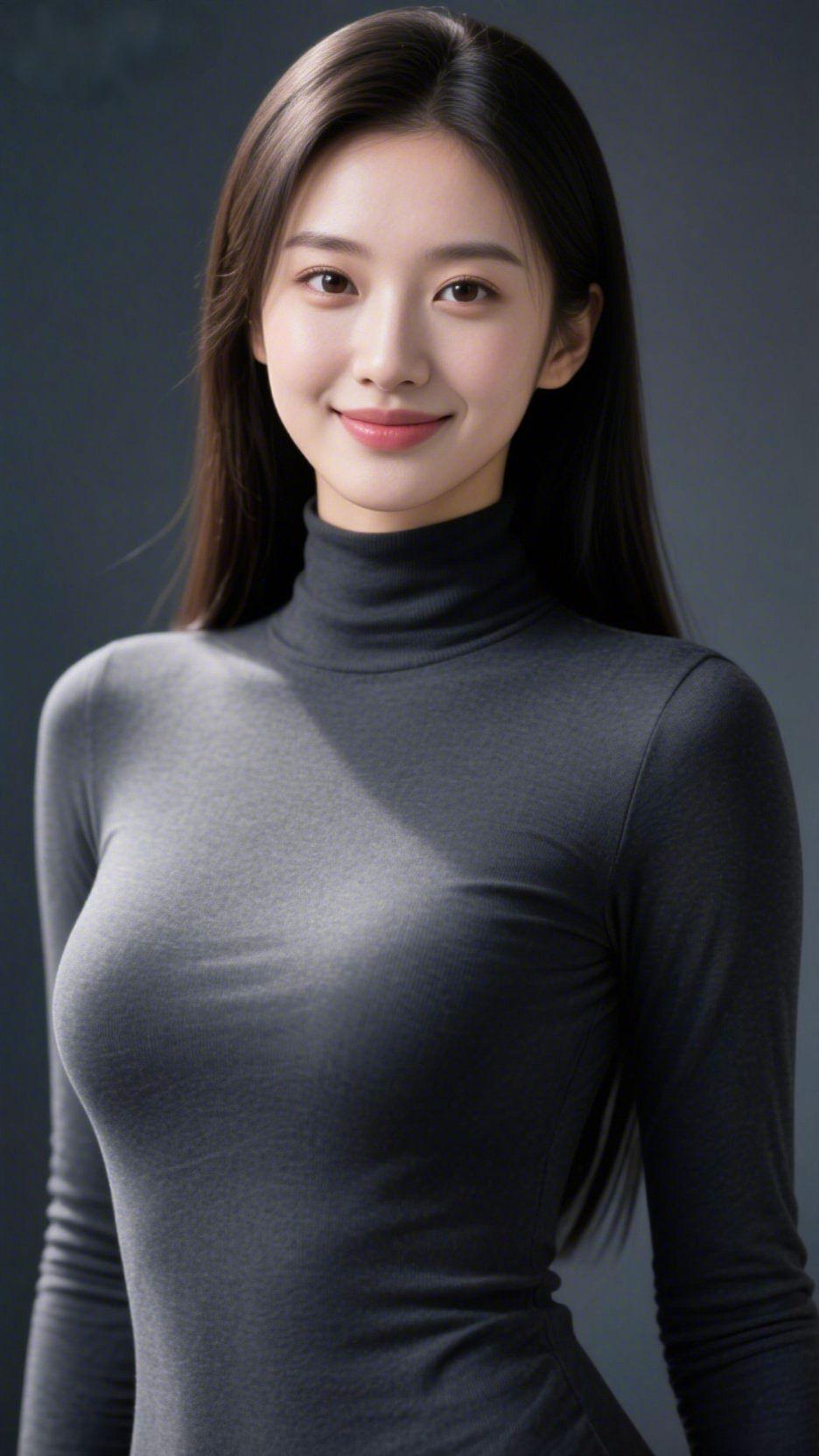 《素影里的轻暖柔光》她立在浅灰的背景里，高领针织妥帖裹着肩臂，像把暮色里的