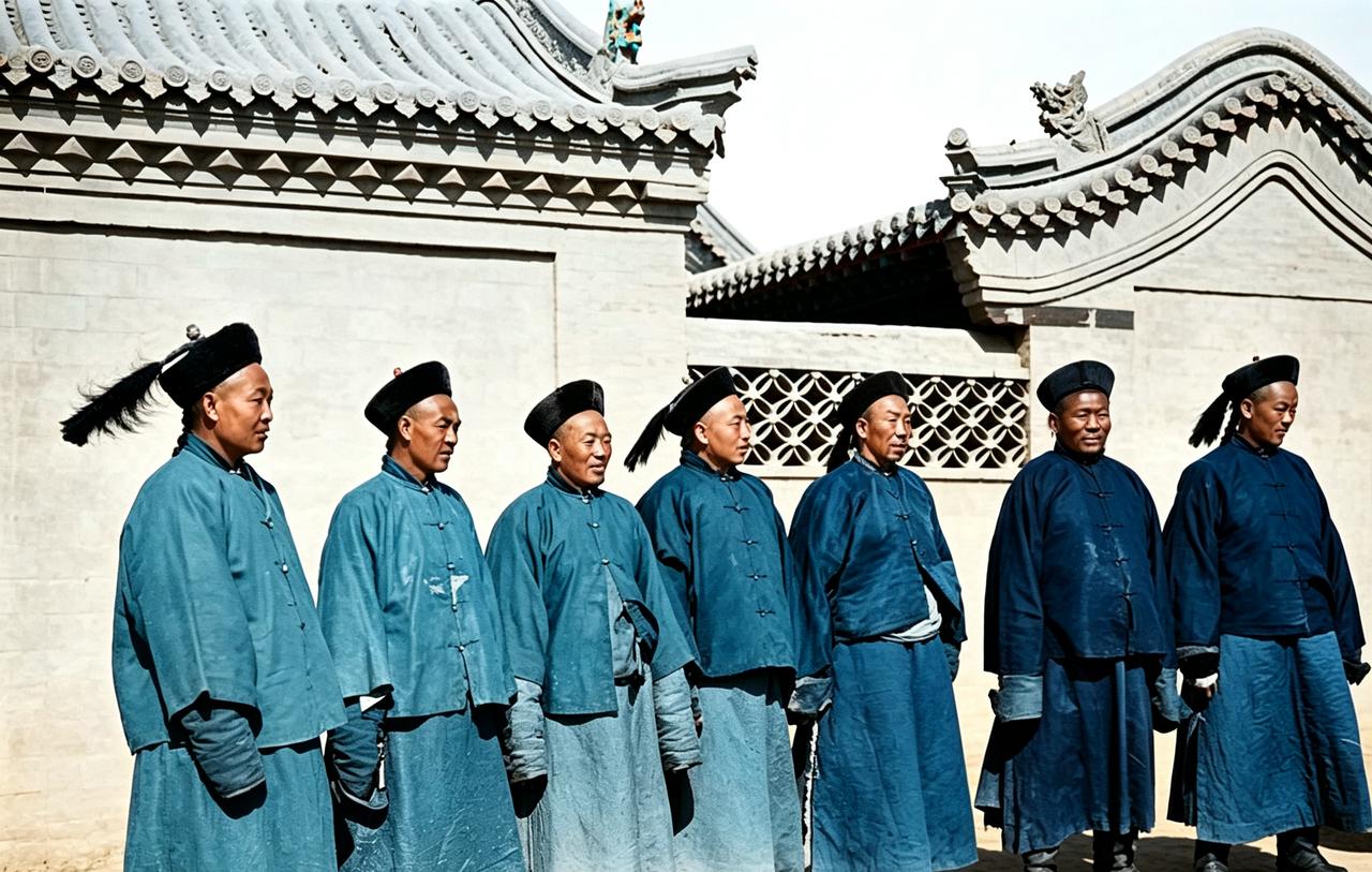这时晚清七名官员头戴官帽，身穿官服整齐地站成一排。这应该是一次重大的出行活动。每