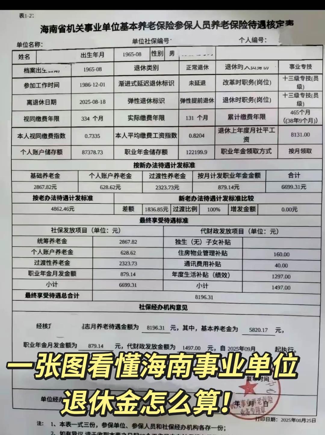 一张图看懂海南事业单位退休金怎么算！✅姓名：1965年出生的老教师✅工龄
