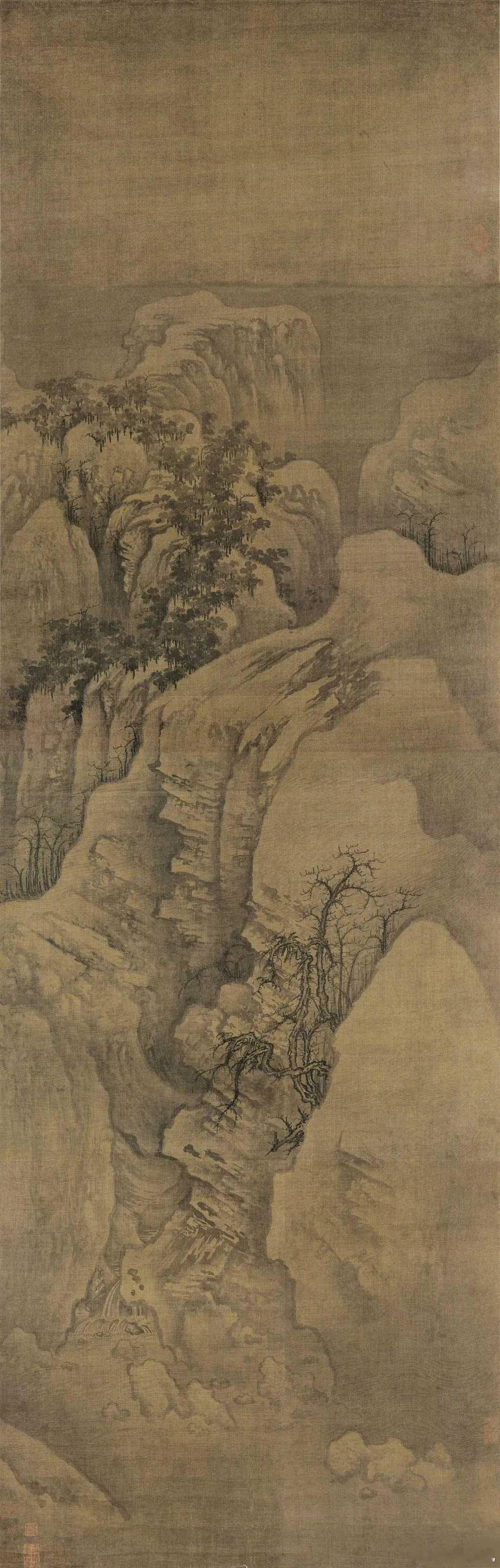 郭熙《幽谷图》。绢本立轴设色167.7x53.6厘米。上海博物馆藏。画面