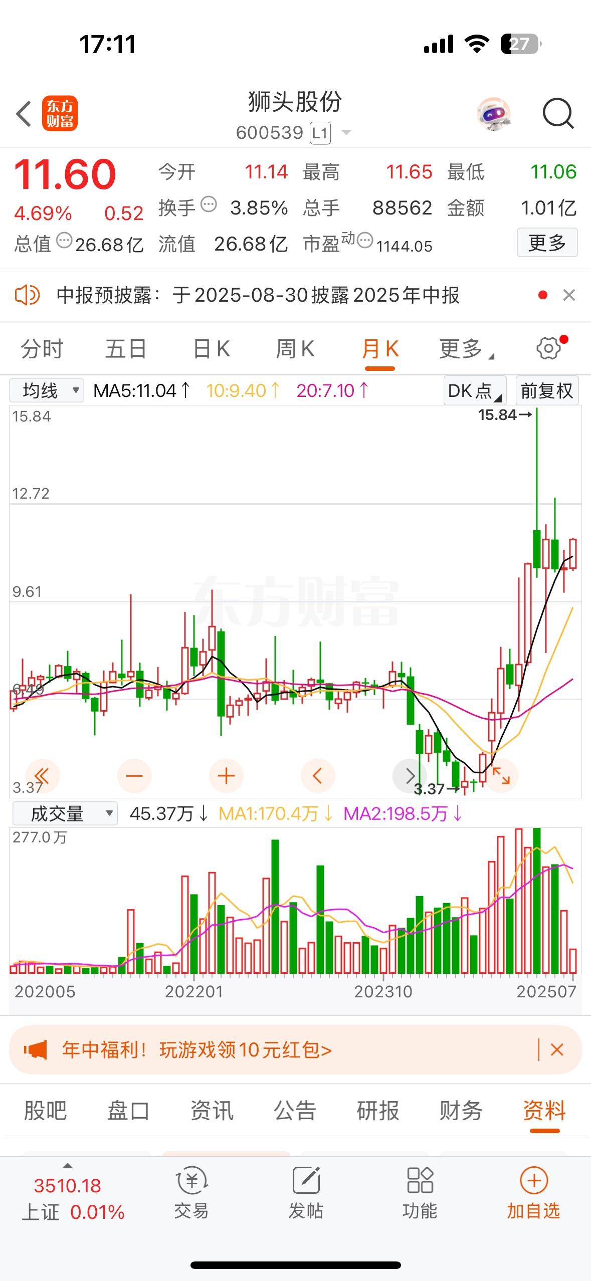 刚看到这么神奇的公司，业绩预告中报扭亏！（喜大普奔吧）利润是多少50万！！我