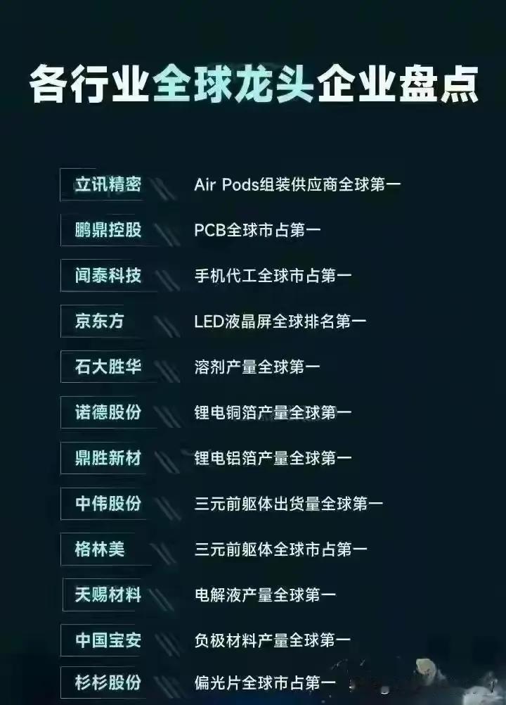 以下是关于“各行业全球龙头企业盘点”的总结：一、电子及新能源行业1.立