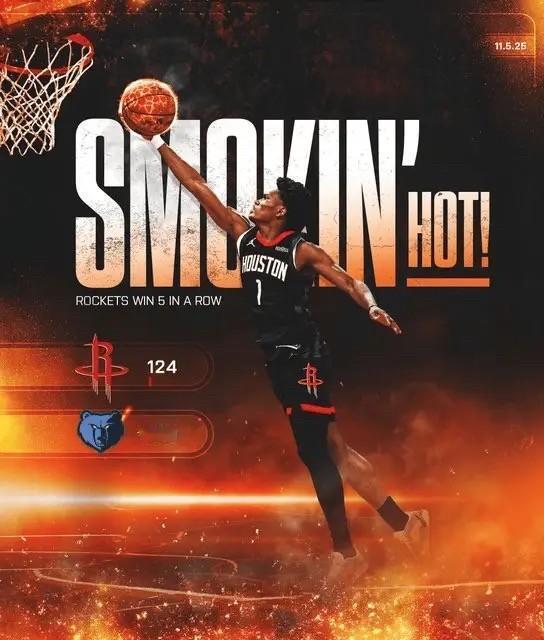 阿门·汤普森，火箭队真把宝押对了。28分10板7助，打灰熊像在练单挑。五连胜