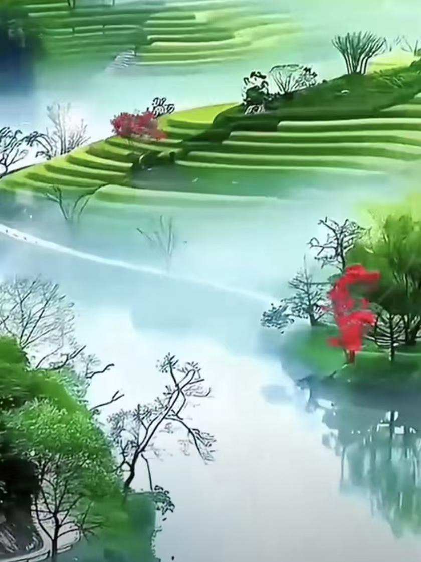 塞鸿秋·春景丘陵卷就烟霞漫，山光凝黛遥天畔。翠铺河川青无限，田塍绕岭萦回