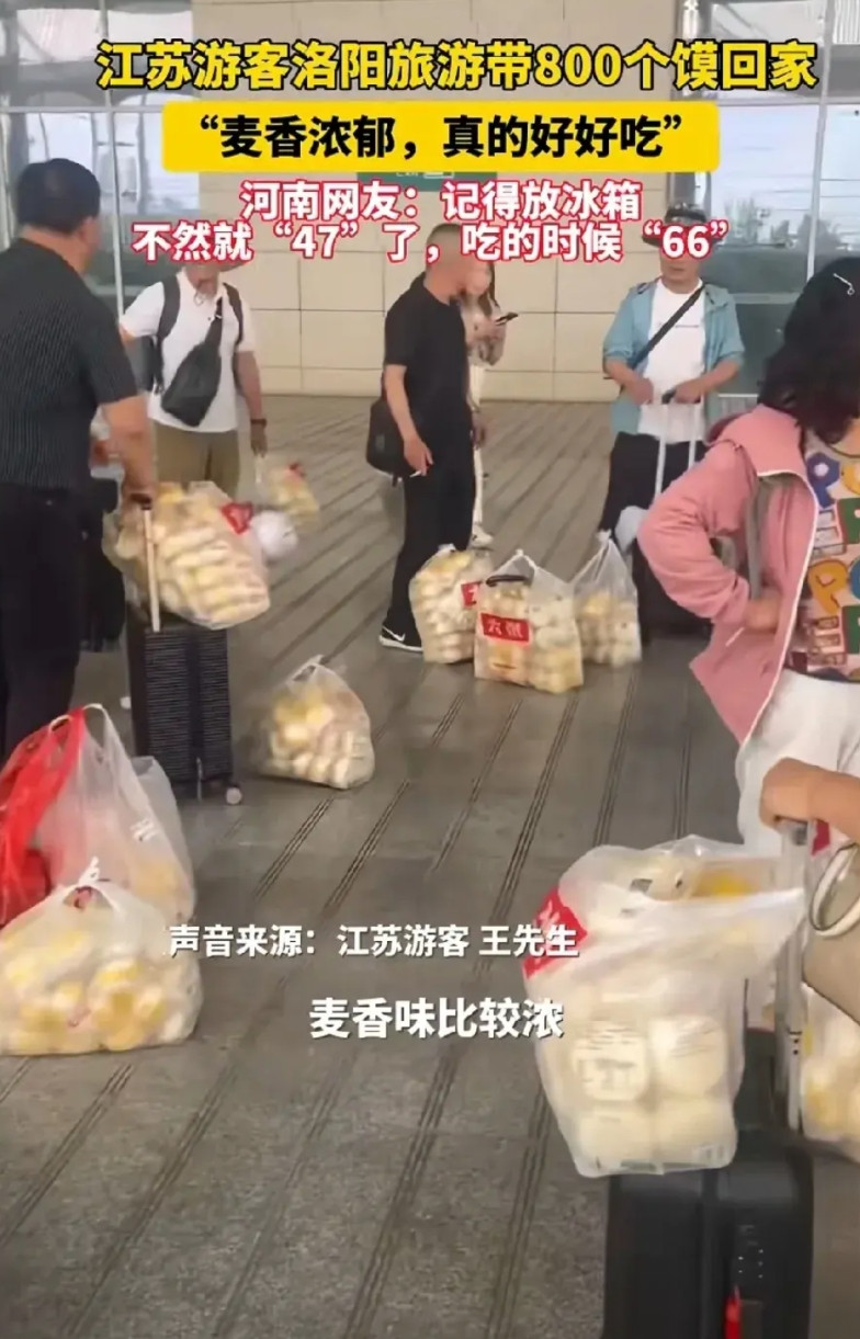 据河南《大河报》报道，近日，一名江苏游客到河南洛阳去旅游，居然买了800个馍回去