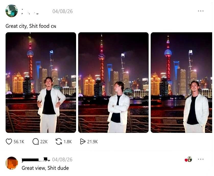 一个英国老外，在上海旅游后，发了条帖子。内容就一句话，刺眼得很：“伟大的城市，