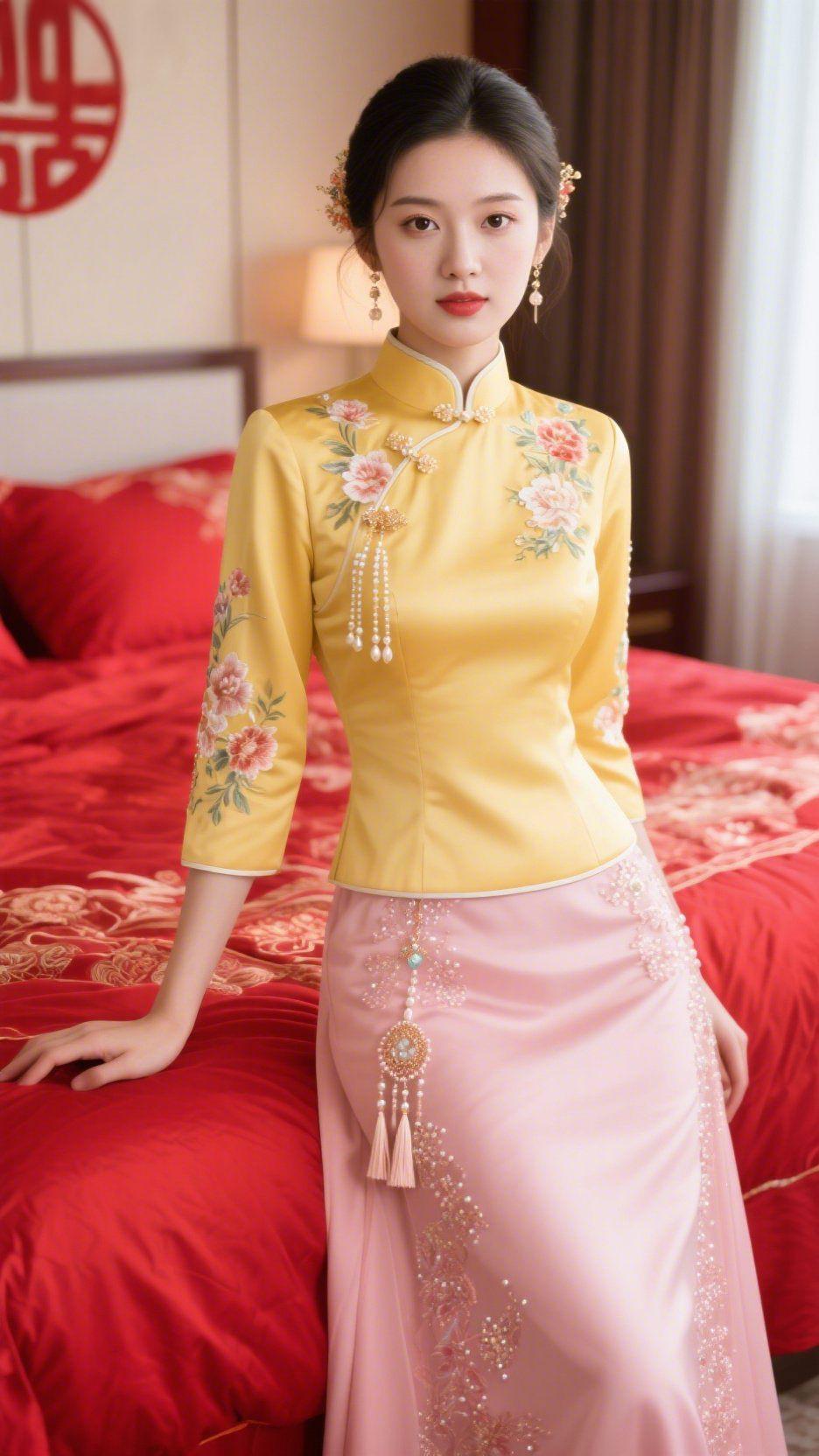 《明黄里的素雅》朱红帐幔漫开暖意时，明黄旗袍上的素净绣花粉得含蓄，似沾了晨露的