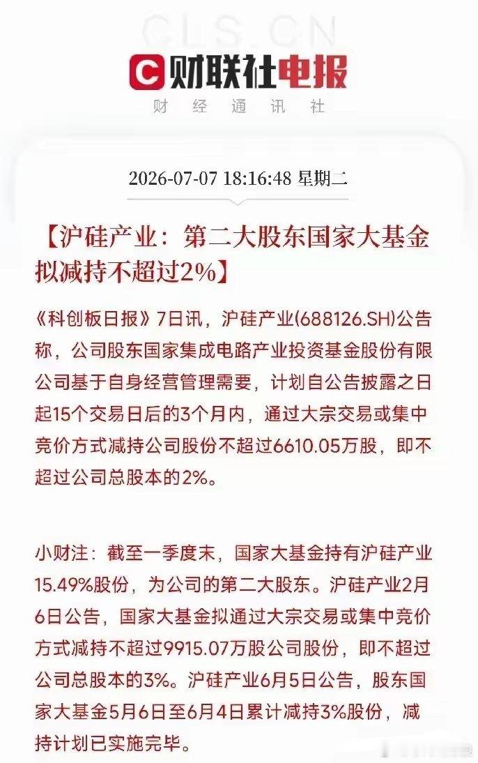 国家大基金又开始减持半导体产业，国家大基金这一次减持不超过2%，因这段时间有很多