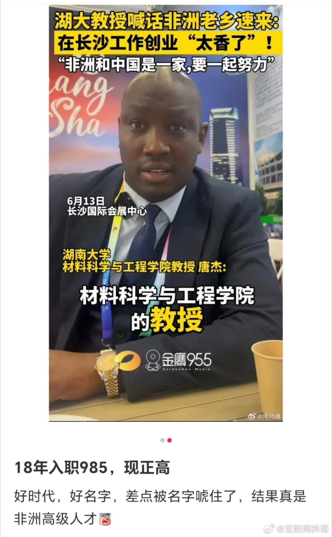 湖南大学这位黑人教授什么来头？听名字以为是中国学者，结果竟是外籍人士！翻看履历发现其学术成就似乎并不
