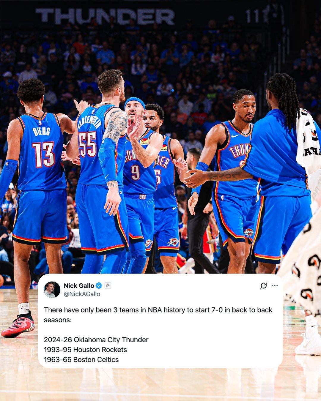 随着公牛和马刺今天都输球，赛季至今唯一不败只剩雷霆，而且他们是历史第3支连续两季