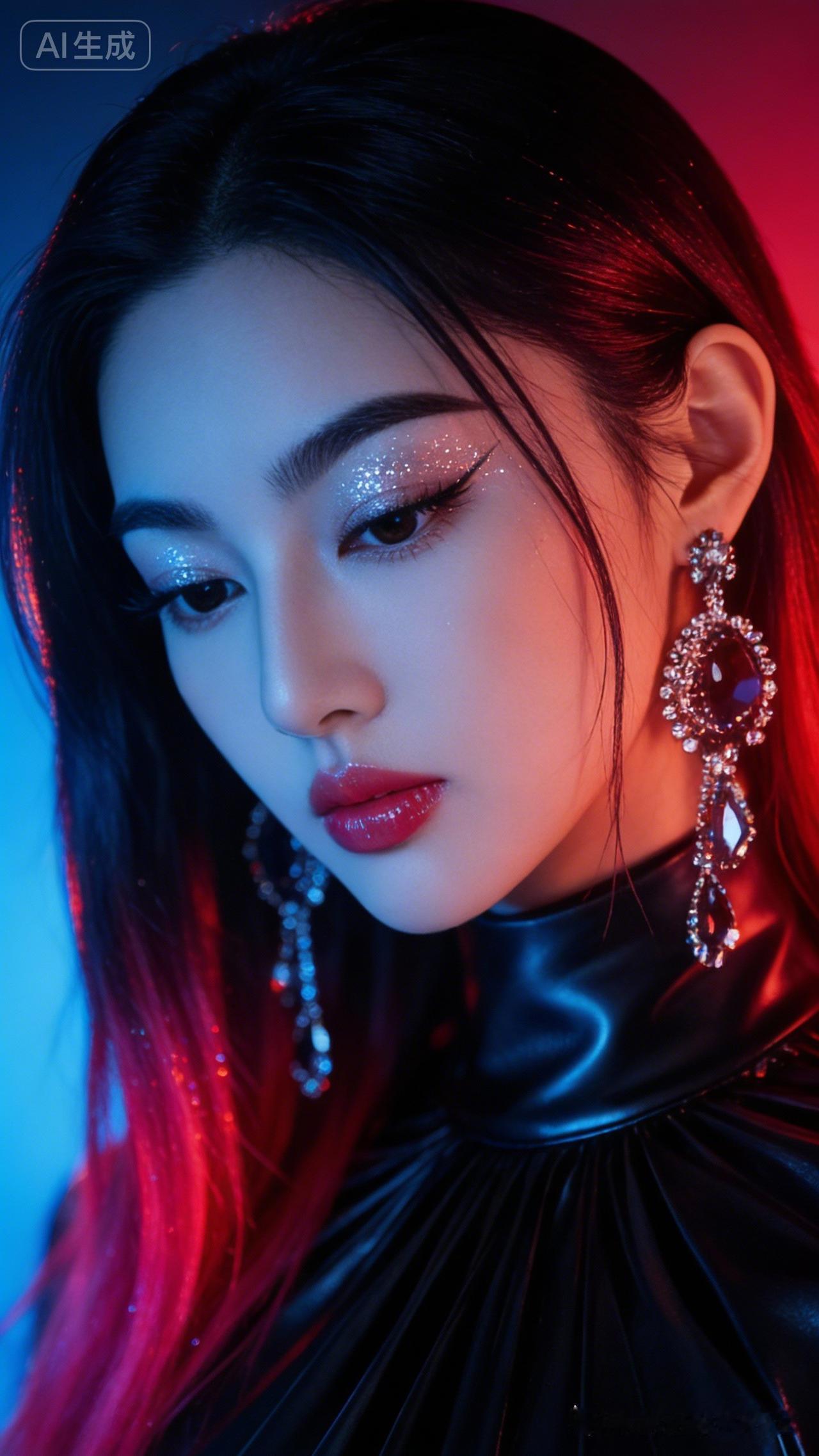 东亚女性面部特写，黑红渐变长发带玫红尾调，银钻细闪眼妆配亮面玫红唇釉，微侧低头神