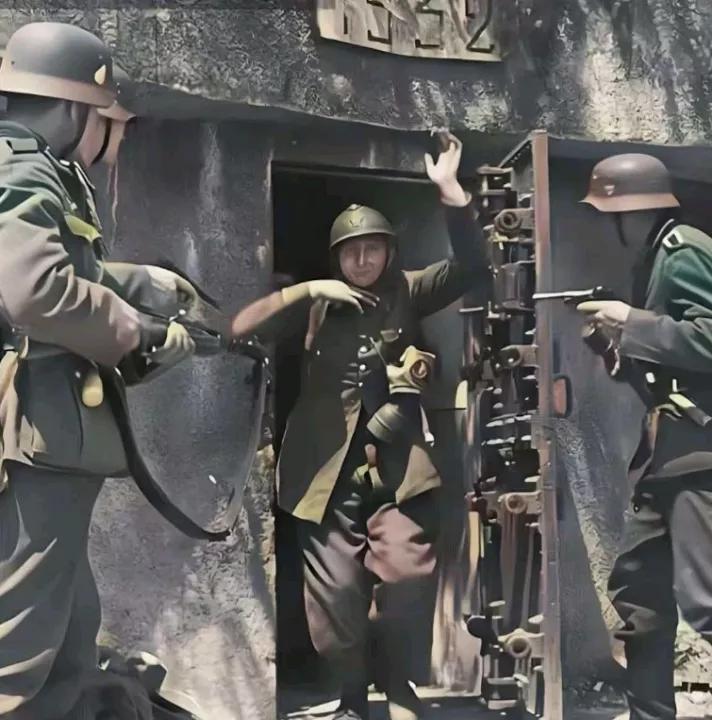 二战时期，法国士兵从坚固的地堡铁门里伸出白旗向德军投降。德军向他们喊话同意法军开