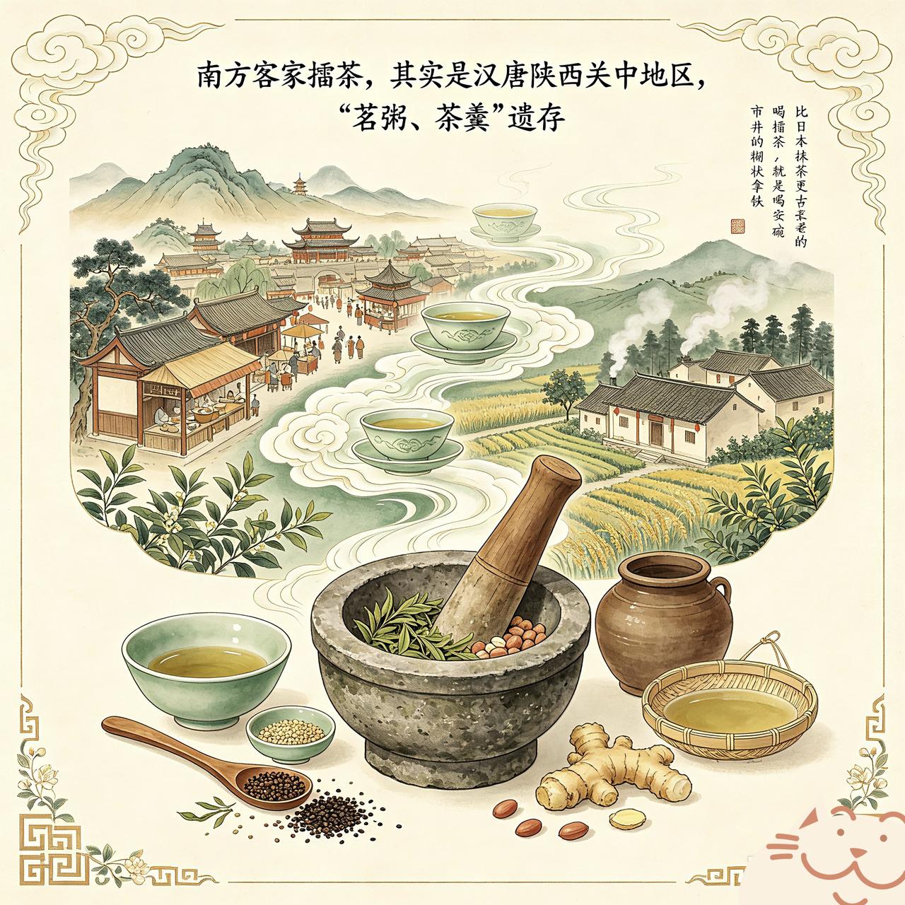 南方客家人流行的擂茶传统，其实就是汉唐关中“茗粥、茶羹”的遗存。简单来说：“所