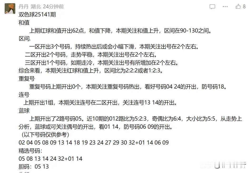 丹丹今晚定胆很牛B：红球0513双胆全中，蓝球4码大底也中06重号，尤其红球双