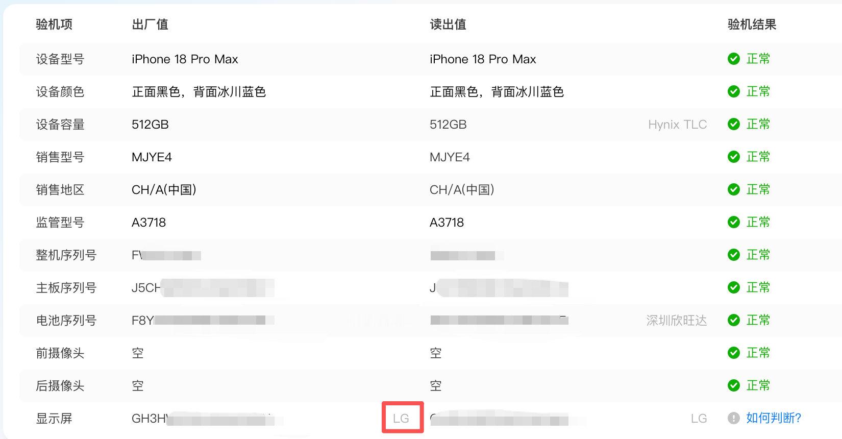 看了下我的iPhone18ProMax，屏幕是LG的，电池是深圳欣旺达的，存储是TLC看了好多人都是