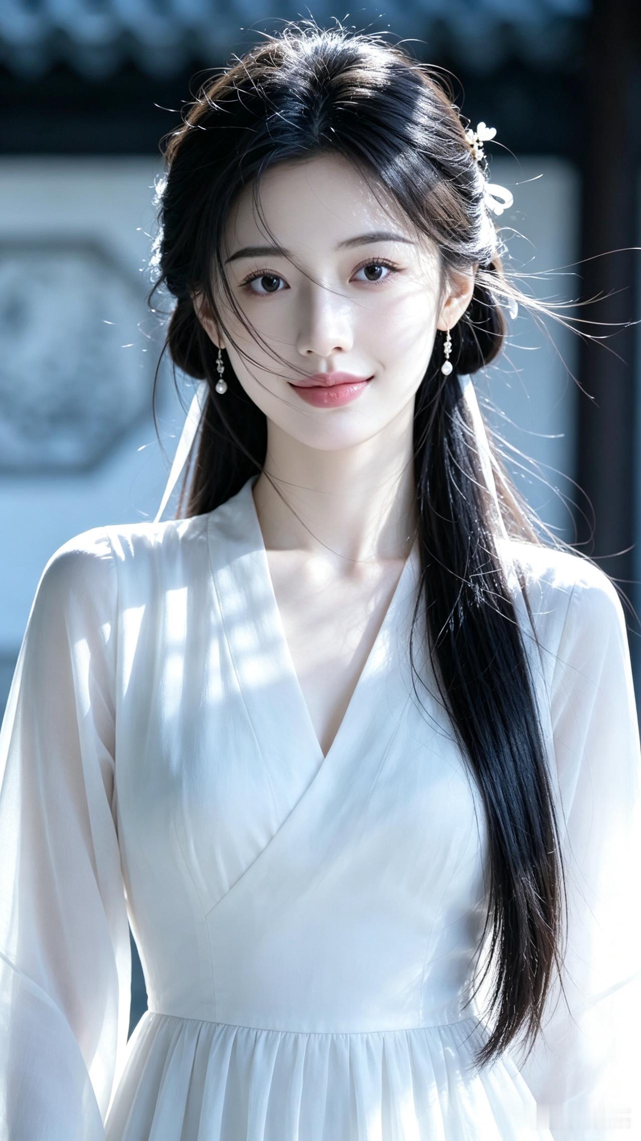 温婉古风美人，一袭白衣，宛如画中仙子。