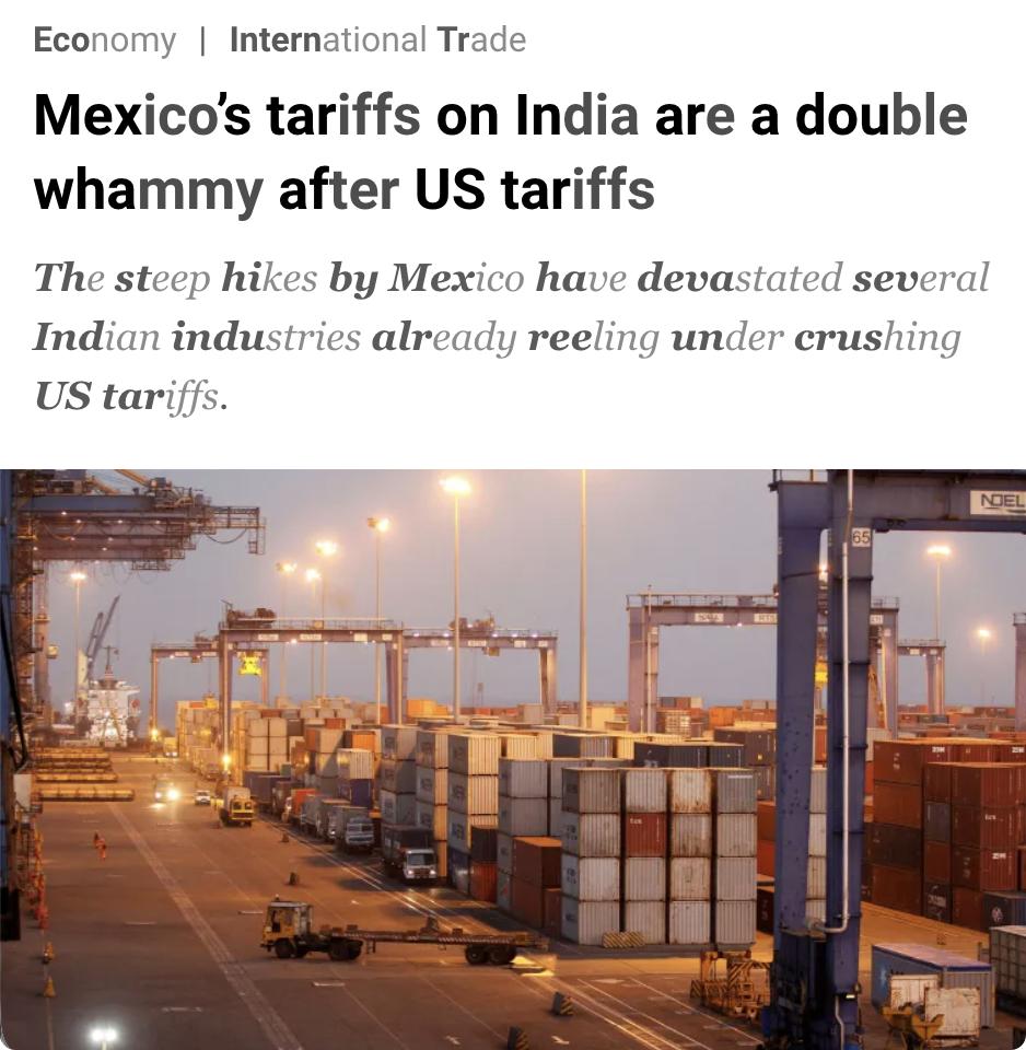 外媒：墨西哥对印度加征关税，给印度企业带来双重打击。美国此前已对印度征收高额关税