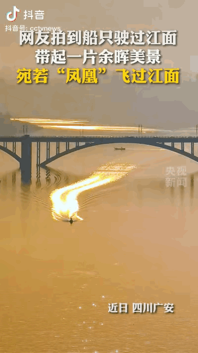 没想到火到央视了！近日，四川广安，一网友在江边散步，偶然一回头看见江面上一抹金色