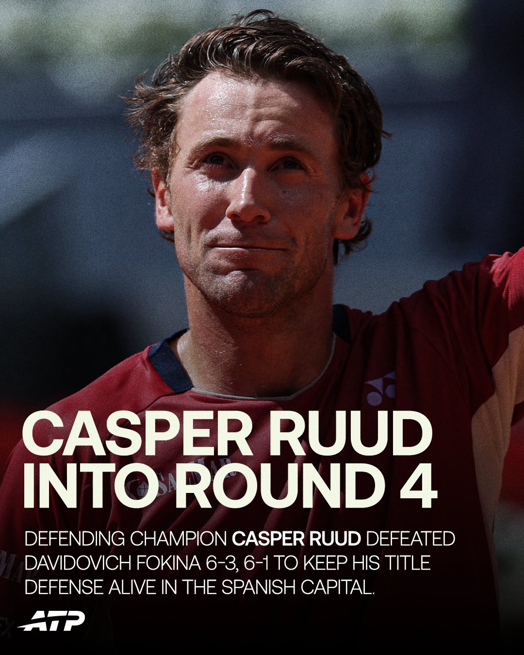 ATP马德里大师赛男单第三轮，卫冕冠军鲁德以6-3/6-1横扫弗基纳晋级16强，