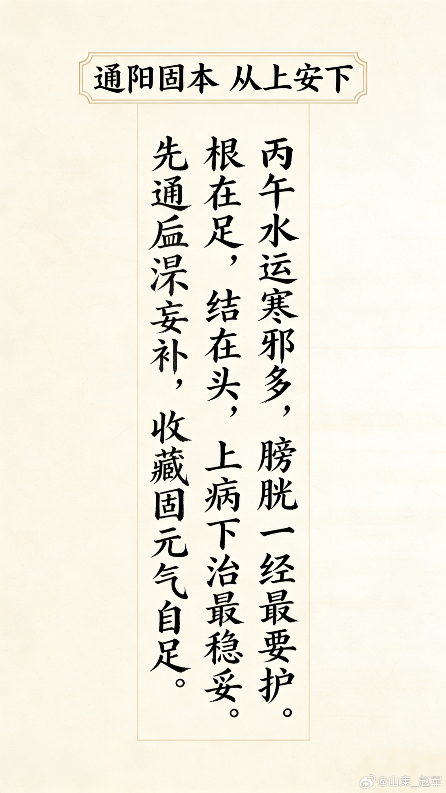 通阳固本从上安下丙午水运寒邪多，膀胱一经最要护。根在足，结在头，上病下治最稳妥。