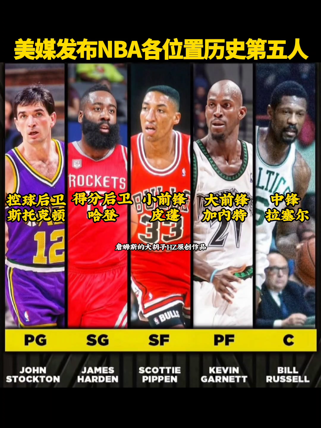 美媒发布NBA各位置历史第五人。控球后卫：斯托克顿、哈登、加内特、拉塞尔、皮蓬