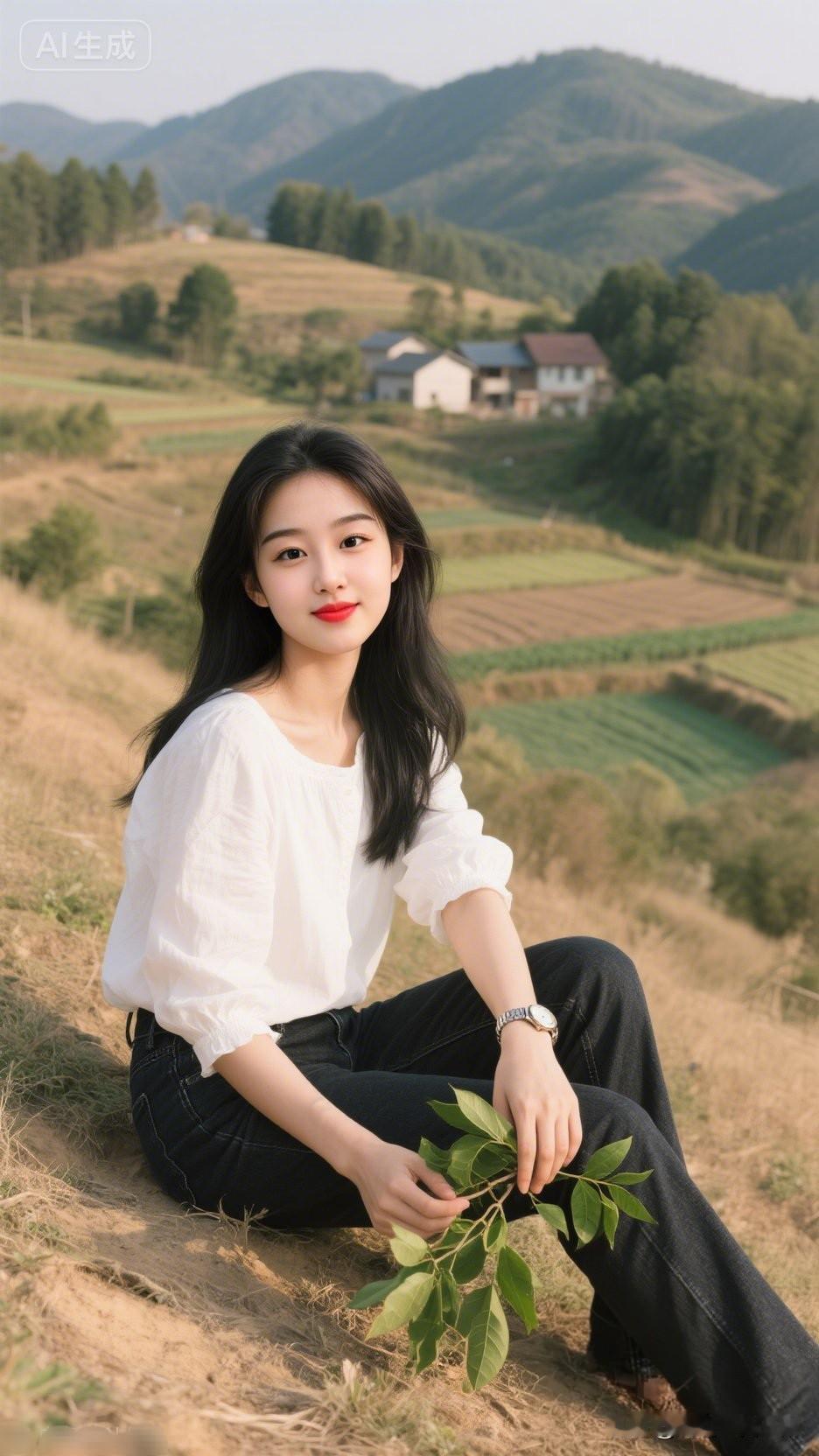 田园少女与自然亲密接触，感受乡村的宁静与美好。可以分享一张田园风光的照片吗