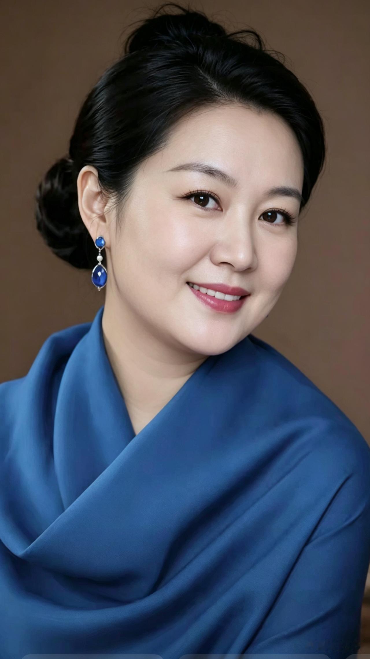 蓝韵佳人云鬟巧挽气质柔，宝蓝锦缎映清悠。蓝宝石坠增风雅，温婉娇颜自蕴柔。眉