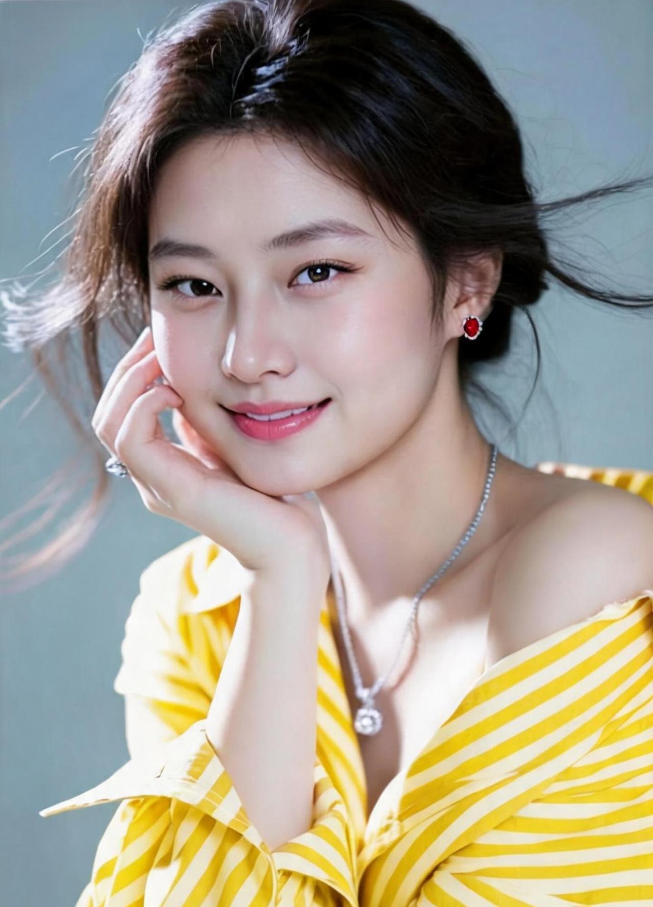 温柔甜美的少女，黄色条纹连衣裙，微笑动人，耳环和项链点缀，散发自然魅力。