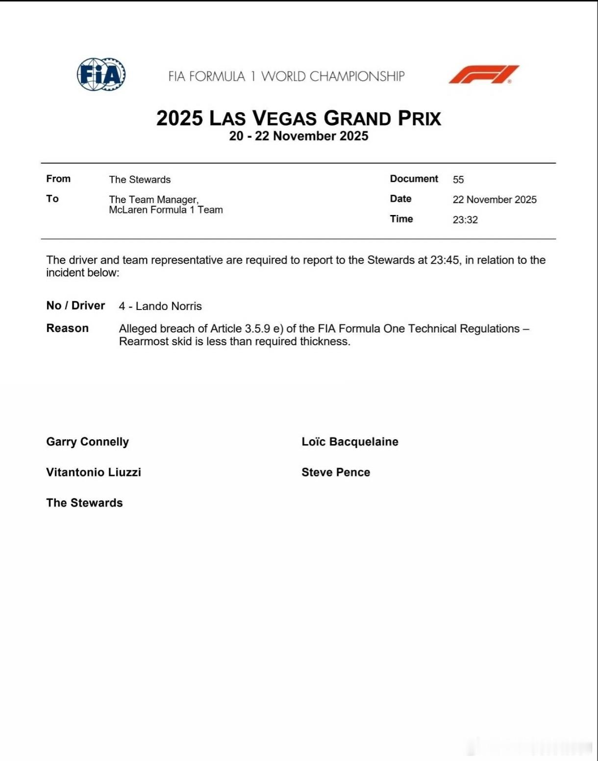 两台赛车的底板磨损过度，厚度低于《技术规则》规定的最小9毫米。正赛成绩被取消(