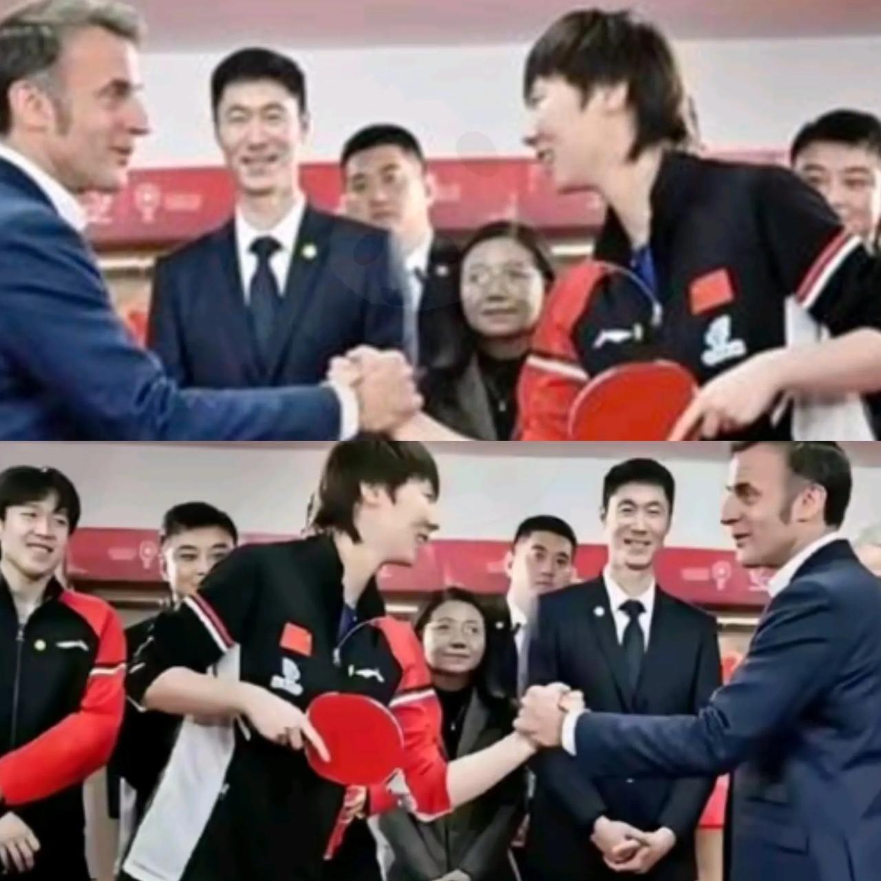 马克龙紧握着王曼玉的手:乒乓球我是打不过你的，但是扳手腕，我就不信也扳不过你，因