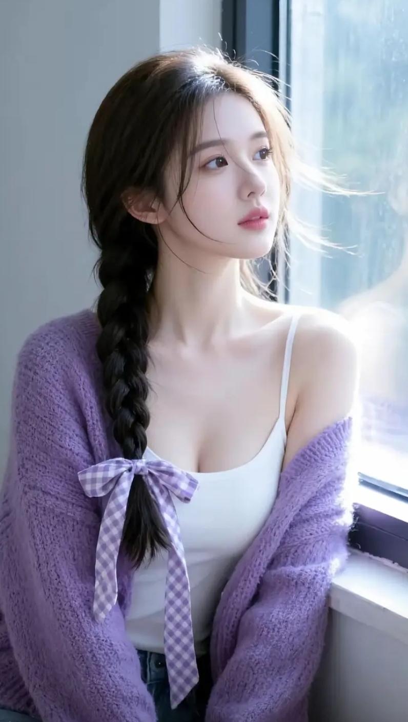 窗边少女，温柔时光在那扇古旧的木窗边，阳光穿过斑驳树影，洒落在少女身上。她微微