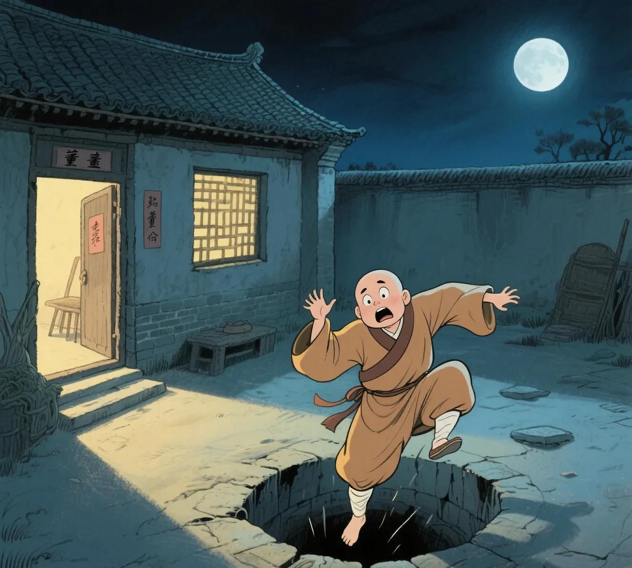 古时，一和尚在一姓董的人家借宿。半夜，和尚起来撒尿，竟一脚踩空，掉到了枯井里。待