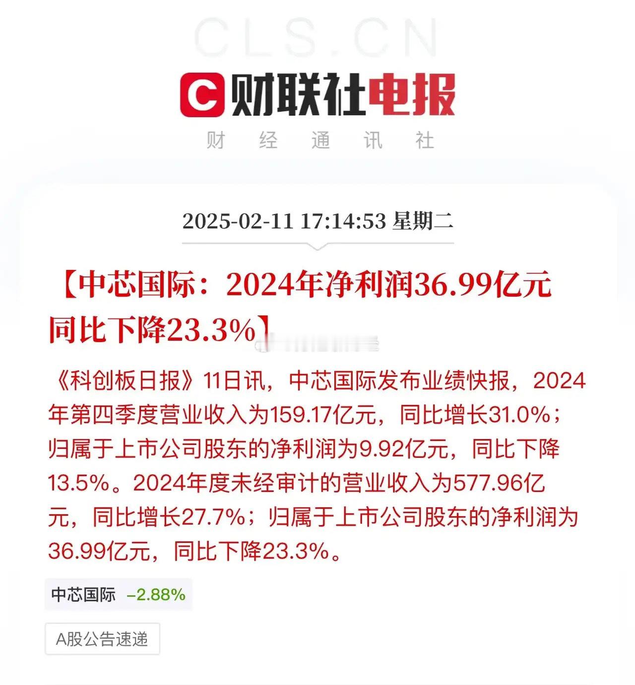 中芯国际业绩出炉，营收大增27%、毛利率18%，四季度营收和毛利率均有提升；净利