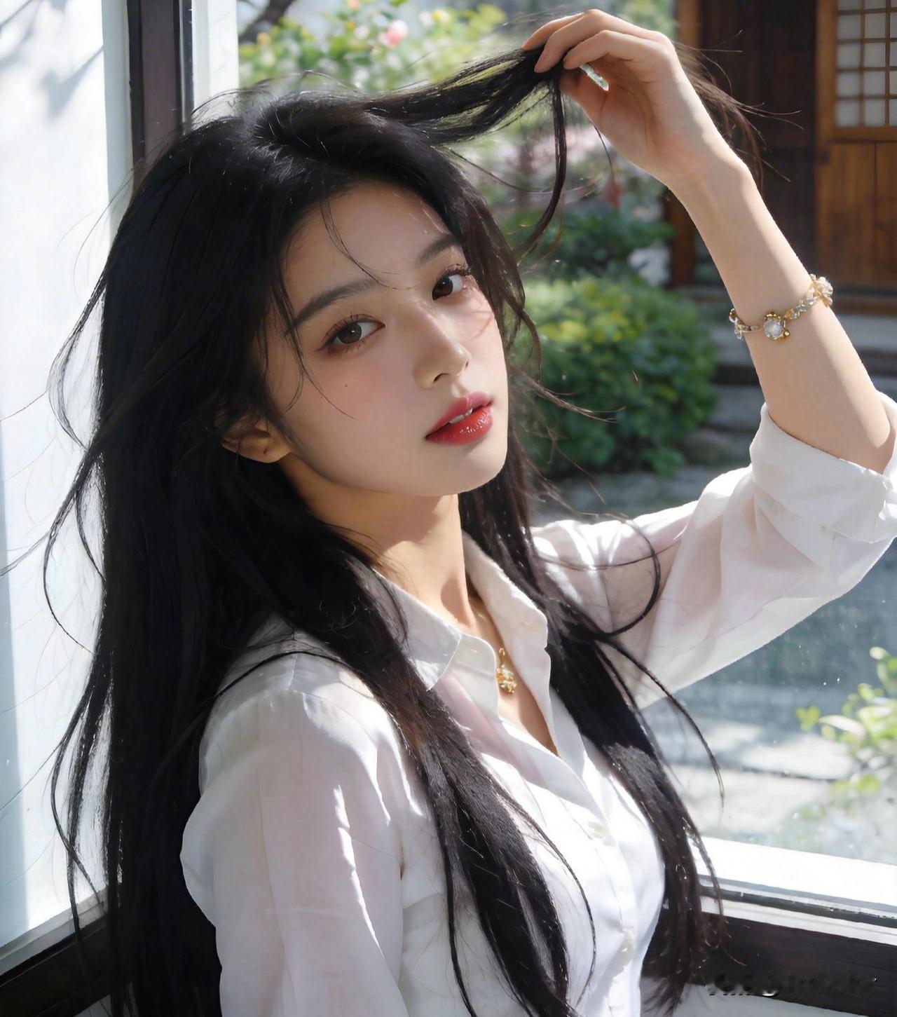 阳光洒进来的午后，黑发少女轻抚发丝，温柔动人。