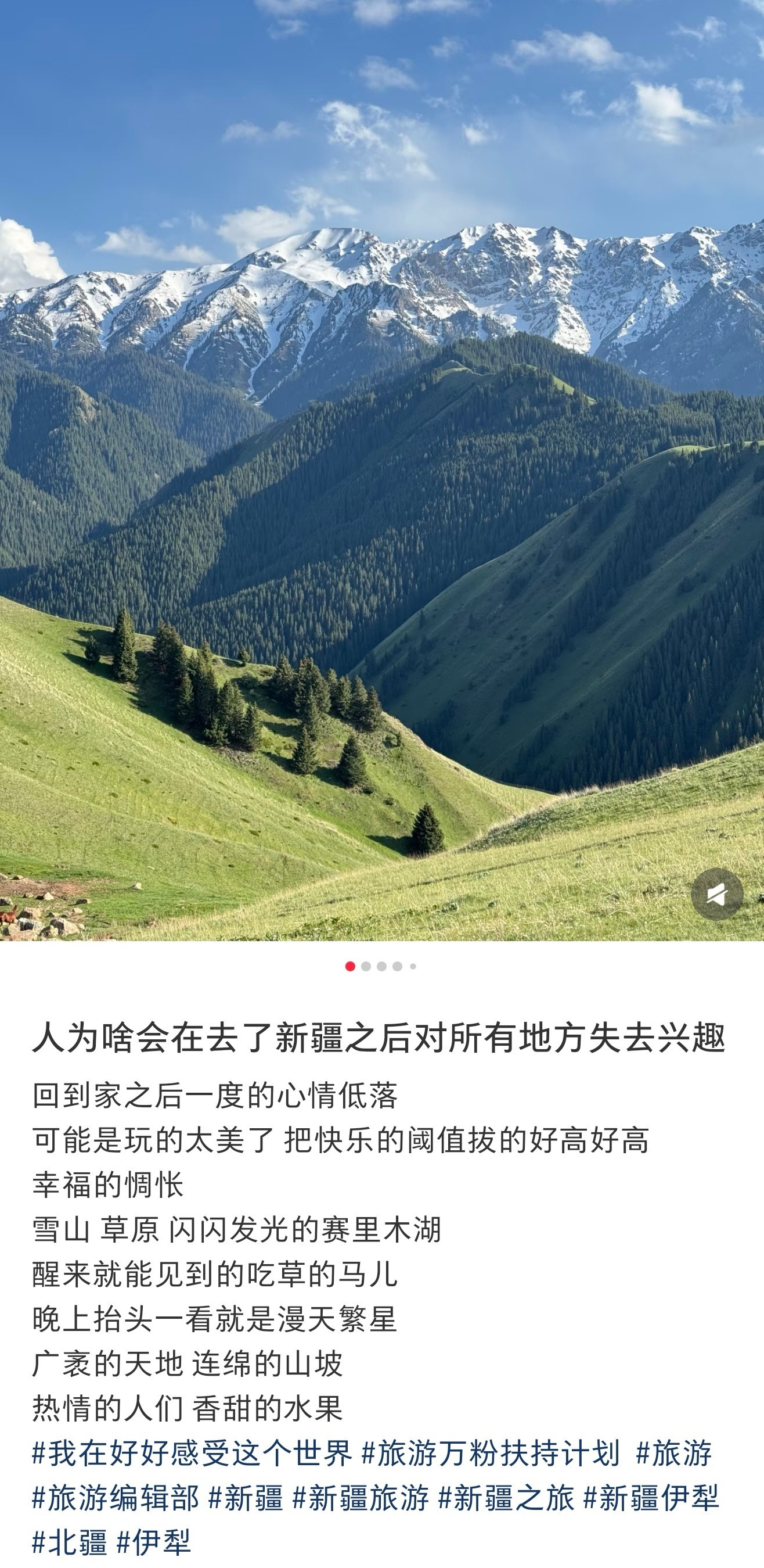 人一旦去过新疆去过新疆才知道，雪山真的能伸手碰着，瓜果甜到齁嗓子，牧民的笑比阳光