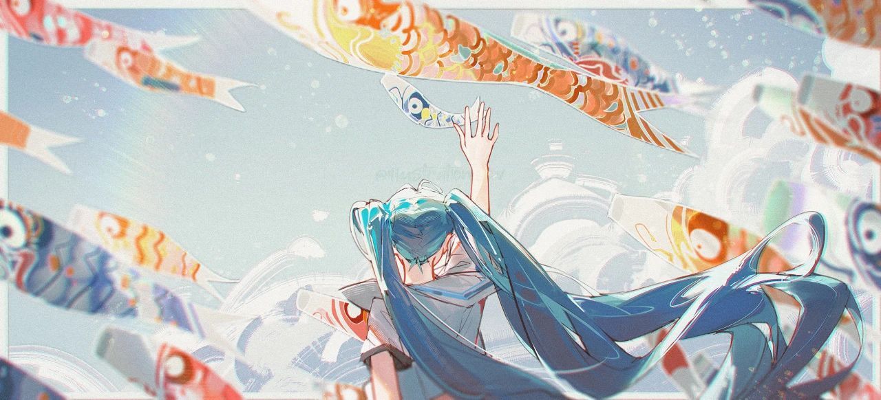 动漫日漫一些初音未来的同人图，画风干净，线条硬朗。三只松鼠在漫展请吃