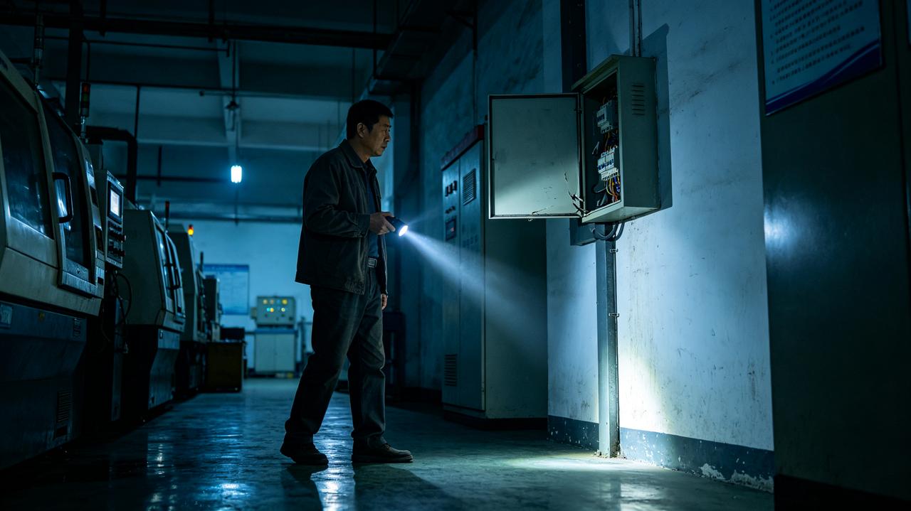 老陈值夜班，凌晨两点，整个车间只剩他一个人。他照例巡检，走到四号机旁边，忽然听