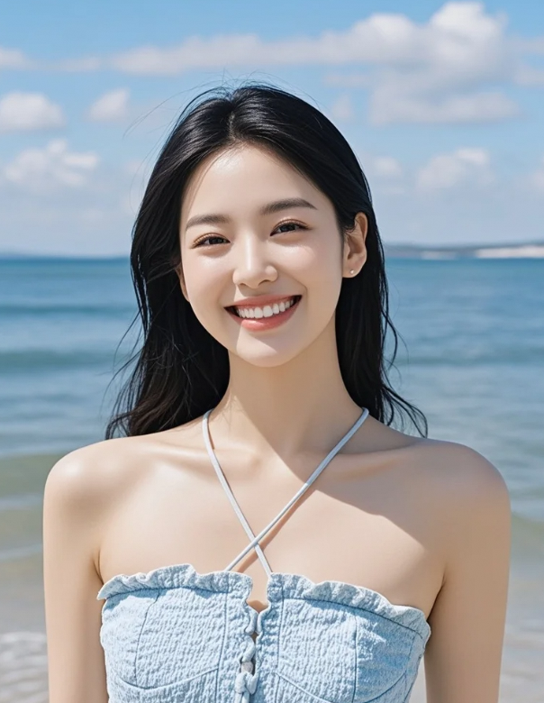 海风掀起她的长发，也掀动了我的目光