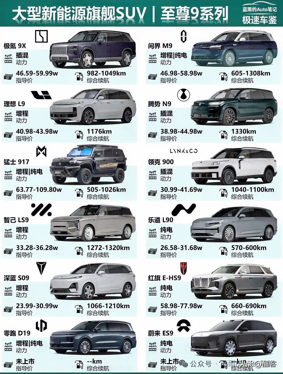 新能源品牌大型旗舰SUV全家福，各品牌不约而同地选择了“9系列”作为自己的旗舰车