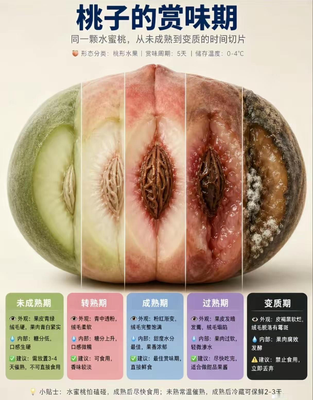 桃子从未成熟到变质的各种时期