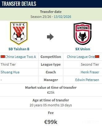 泰山B队小将加盟陕西联合，转会费约80万人民币！德转显示：陕西联合签下山东泰山