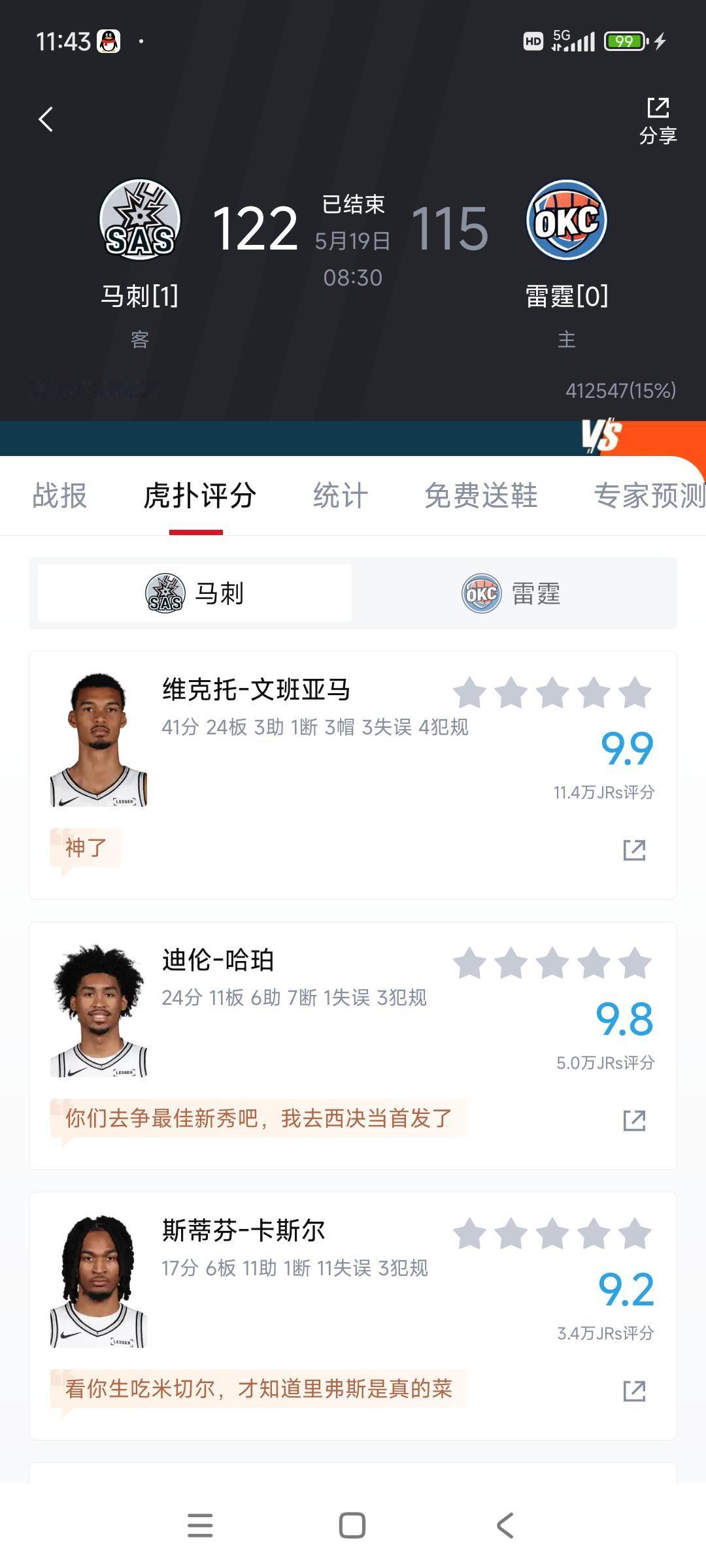 文班亚马今天拿到9.9评分，让所有人都服了！41分24个篮板，这是巅峰奥尼尔