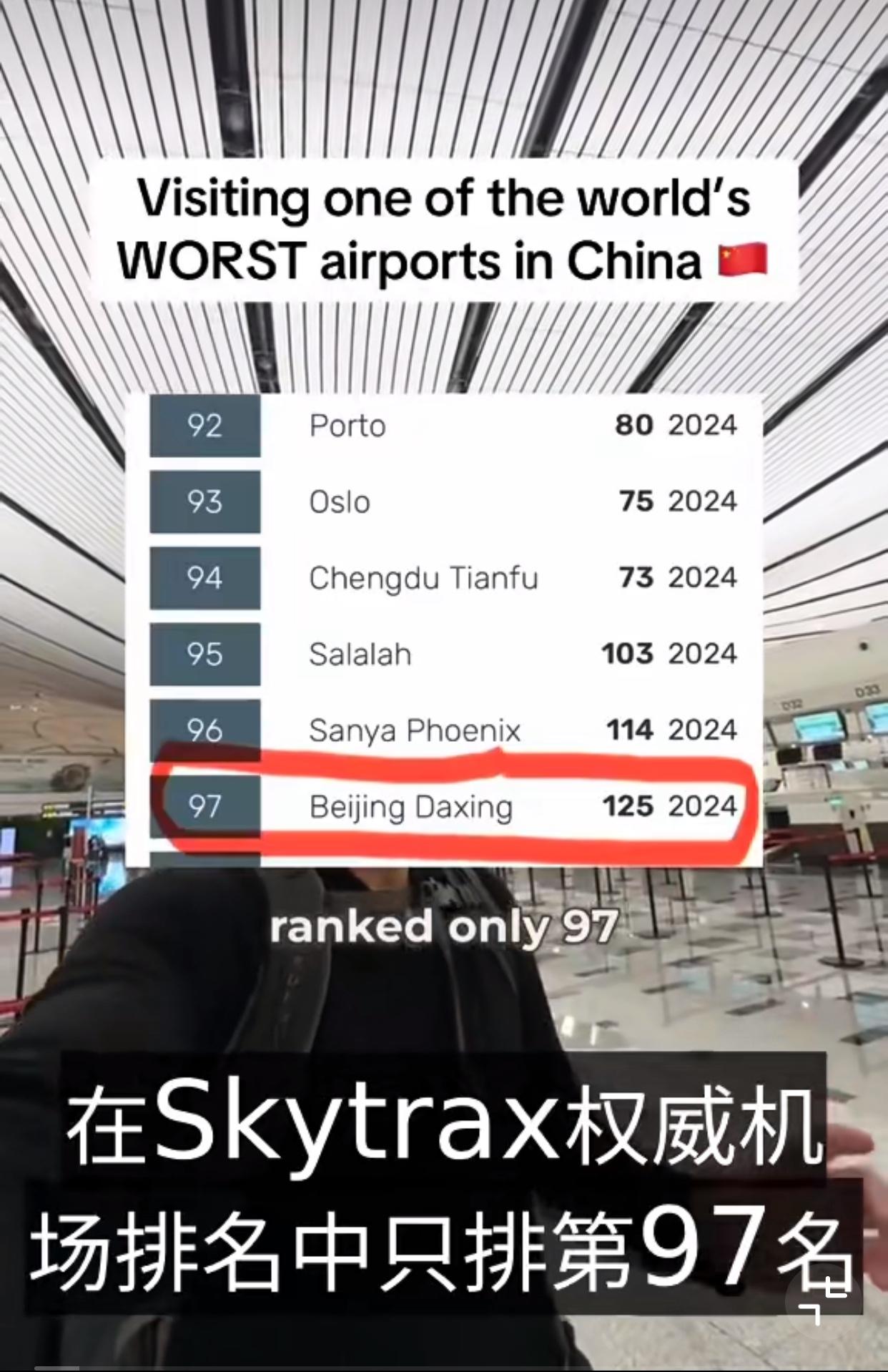 近日一外国博主在国外网站上看到了国际机场排名，然后这排名中，北京大兴机场被排