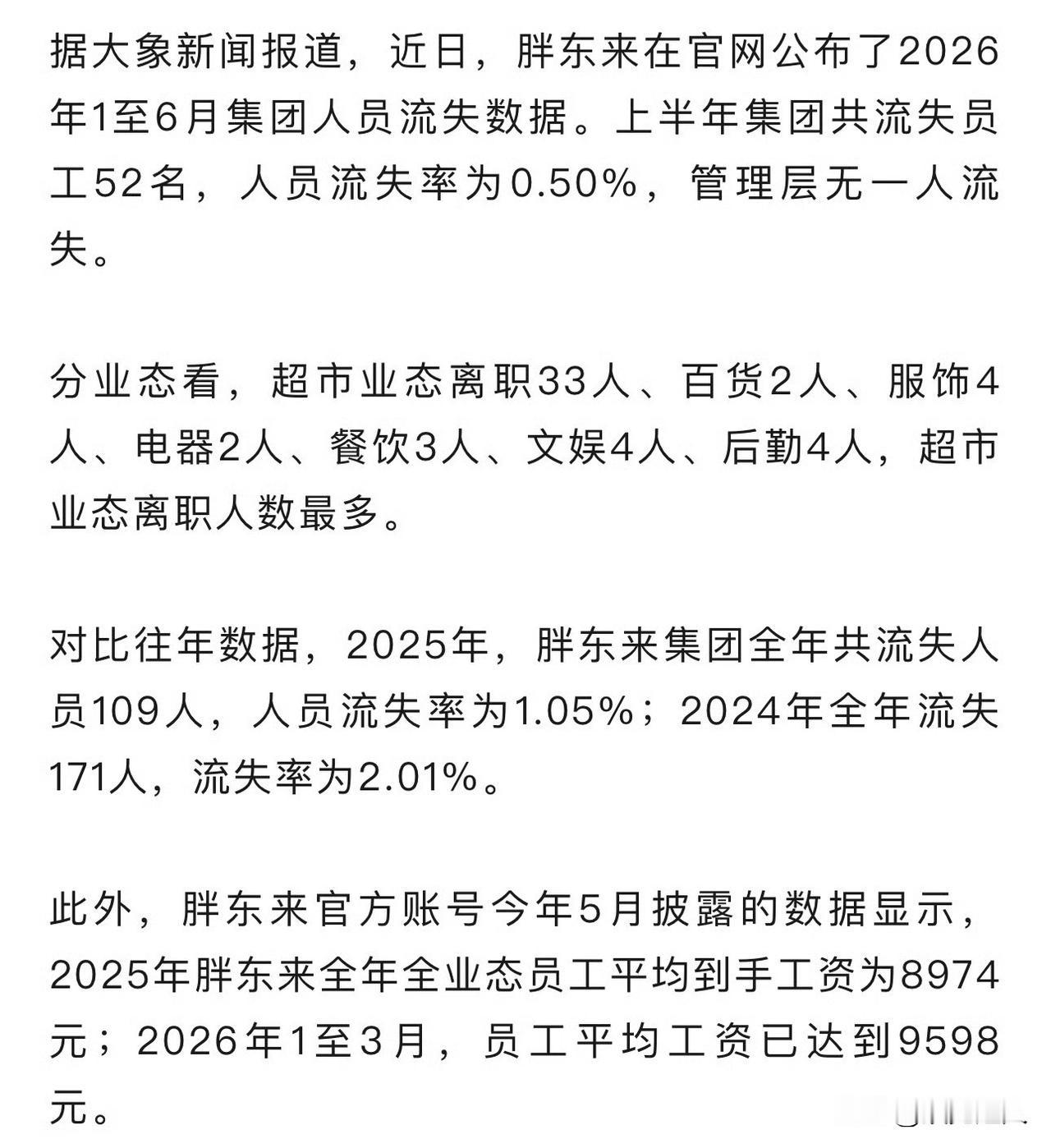 胖东来公布了上半年人员流失数据，52名员工离职，管理层流失率零。52个人，放
